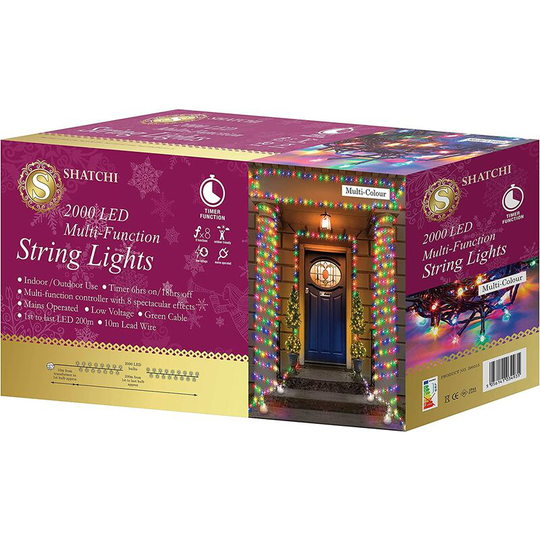 Shatchi - 2000 Multicolour LEDs Multifunction Timer Outdoor String Fairy Lights 200M - Multicolour