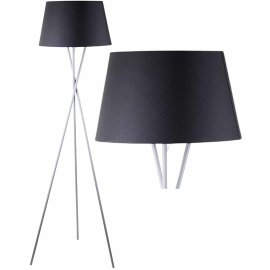 Grey Tripod Floor Lamp with Black Fabric Shade - Grey and black cotton