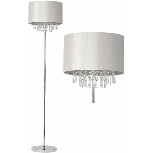 First Choice Lighting - Silver Grey Faux Silk Jewelled Floor Lamp - Polished chrome plate with clear acrylic detail and grey faux silk