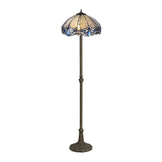 Luminosa Lighting - 2 Light Leaf Design Floor Lamp E27 With 40cm Tiffany Shade, Blue, Clear Crystal, Aged Antique Brass