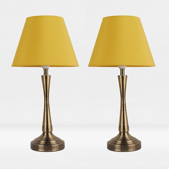 First Choice Lighting - Set of 2 Antique Brass Plated Bedside Table Light with Curved Column Ochre Fabric Shade - Antique brass plate and textured