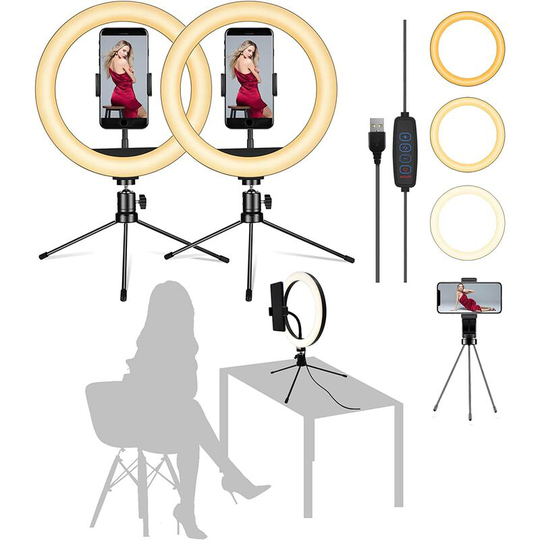 Briday - Pack of 2】 10' Ring Light with Metal Tripod Stand - Flexible Phone Holders, 3 Lighting, Desktop Selfie Circle led Lights Ringlight for Live
