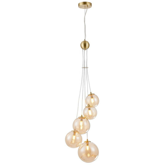 Luminosa Marshall Ceiling Pendant, 5 Light G9, Satin Gold, Amber Plated Glass