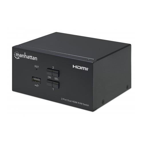 Manhattan HDMI KVM Switch 2-Port 4K@30Hz USB-A/3.5mm Audio/Mic Connections Cables included Audio Support Control 2x computers from one pc/mouse/screen USB Powered Black Three Year Warranty Boxed