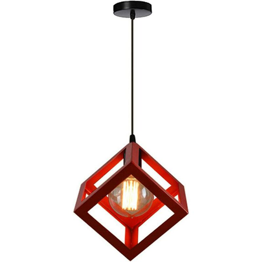 E27 Square Pendant Light, Metal Ceiling Light, Wrought Iron Cube Shade, Adjustable Rope Light Fixture for Living Room, Dining Room (Red)