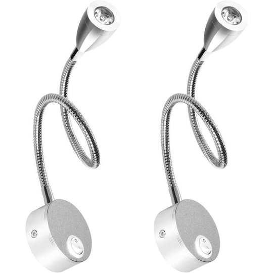 Aougo - Bedside Wall Sconce Set of 2 led Wall Lights Gooseneck Reading Light 3W, 3000K Warm White Reading Lamp (Silver)