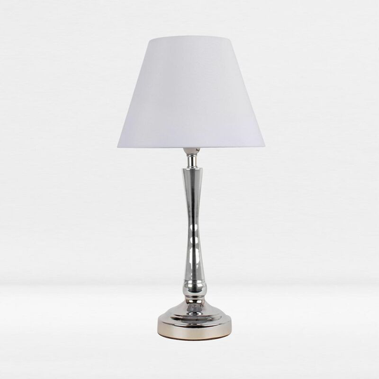 First Choice Lighting - Chrome Plated Bedside Table Light with Detailed Column White Fabric Shade - Polished chrome plate and textured white cotton