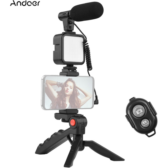 Andoer - Phone Vlog Video Kit,with Table Tripod Phone Holder,with Cold Shoe Microphone led Video Light Remote Shutter