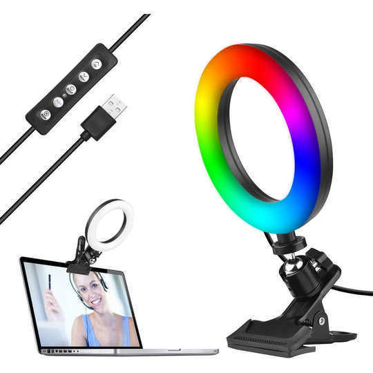 Asupermall - Video Conference Light Kit 6 Inch rgb Ring Light + Clamp Bi-Color Temperature 2850K-6500K Dimmable Brightness Multiple rgb Modes for