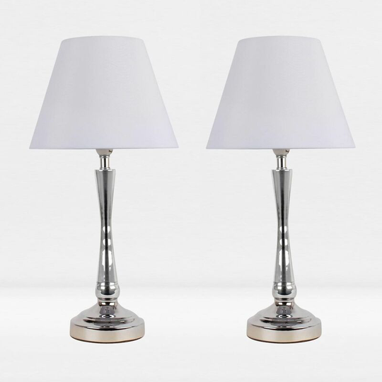 First Choice Lighting - Set of 2 Chrome Plated Bedside Table Light with Curved Column White Fabric Shade - Polished chrome plate and textured white