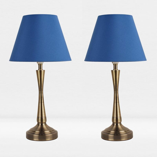 First Choice Lighting - Set of 2 Antique Brass Plated Bedside Table Light with Curved Column Blue Fabric Shade - Antique brass plate and textured