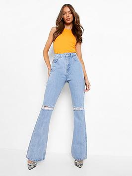 Boohoo Distressed High Waist Bootcut Jeans - Light Wash, Light Wash, Size 8, Women