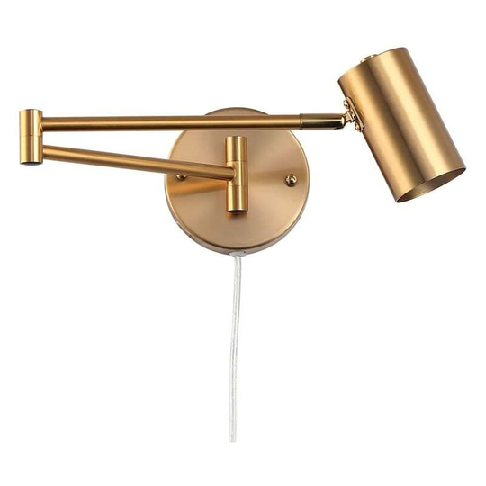 LED wall light with adjustable articulated arm and cable with plug and switch E27 reading light for living room, bedroom, bedside table gold