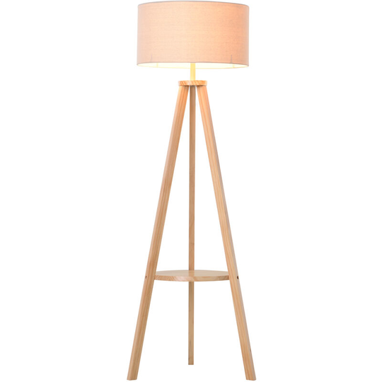 Homcom - Floor Lamp Bedside Light Free Standing Tripod Holder Storage Shelf Linen - Natural wood finish