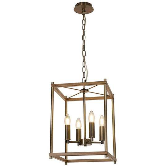Luminosa Catskill Ceiling Pendant, 4 Light E14, Medium Oak, Antique Brass