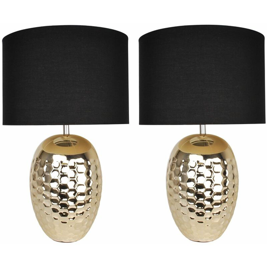 First Choice Lighting - Set of 2 Textured Ceramic Bedside Table Light with Pale Gold Plated Finish and Black Textured Cotton Fabric Shade - Pale gold