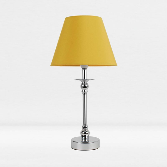First Choice Lighting - Chrome Plated Bedside Table Light with Ball Detail Column Ochre Fabric Shade - Polished chrome plate and textured ochre cotton