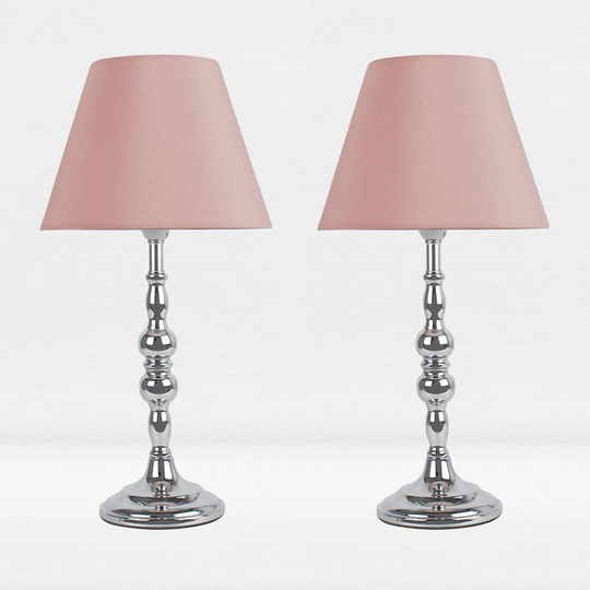 Set of 2 Chrome Plated Bedside Table Light with Detailed Column and Blush Pink Fabric Shade - Polished chrome plate and textured blush pink cotton