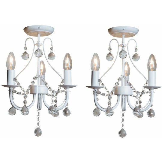 Pair of White 3 Light Crystal Chandeliers - White with clear beaded glass detail