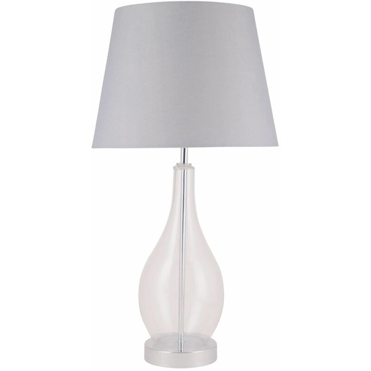 First Choice Lighting - Clear Glass Table Lamp Chrome Stem with Grey Fabric Shide - Polished chrome plate with clear glass detail and grey cotton