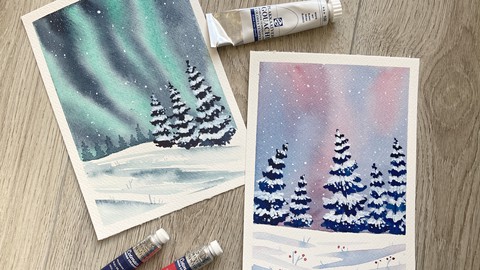 Watercolor + Gouache: Northern Lights and Purple Night Sky