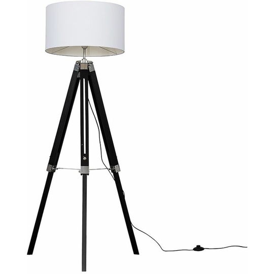 Tripod Floor Lamp Clipper Standing Light in Black with Cylinder Shade - White