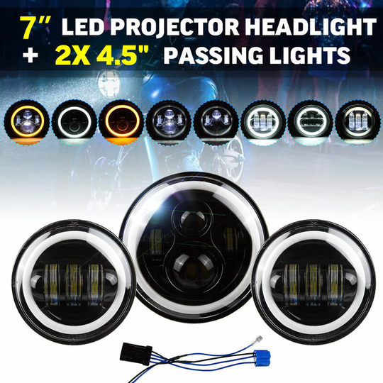 Monly - 7' led Projector Headlight Hi Low Beam Halo Ring + 2x 4.5' Passing Lights Kit For Motorcycle