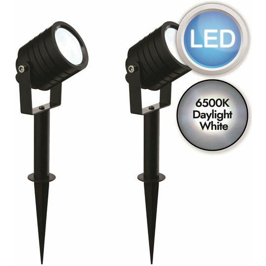 First Choice Lighting - Set of 2 Black Aluminium led Spot Spike Lights with Inline Drivers - Anodised black aluminium and frosted acrylic