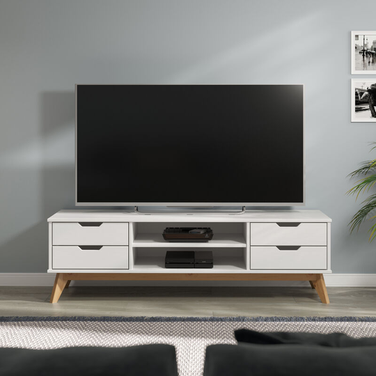 Casaria - Borneo tv Cabinet With 4 Drawers 2 Compartments Solid Pine Tilt Protection 45kg Load Capacity White Natural 140x42x40cm - weiß-natur (de)