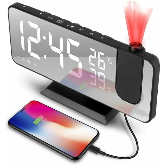 Echoo - Projector Alarm Clock, Ceiling Projector Alarm Clock with 180° Projection, Morning Radio Alarm Clock with usb Port, Digital Clock with Dual