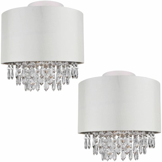 First Choice Lighting - Set of 2 300mm Cream Faux Silk Ceiling Flush Shade with Chrome Inner and Clear Droplets - Polished chrome plate with clear