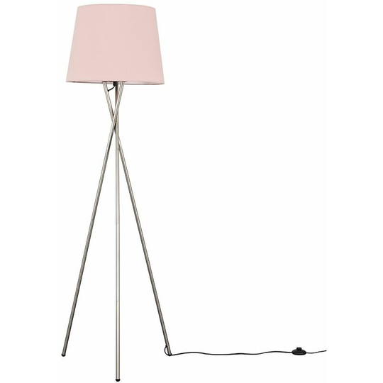 Floor Lamp Tripod Camden Light in Brushed Chrome with Tapered Lampshade - Pink + led Bulb