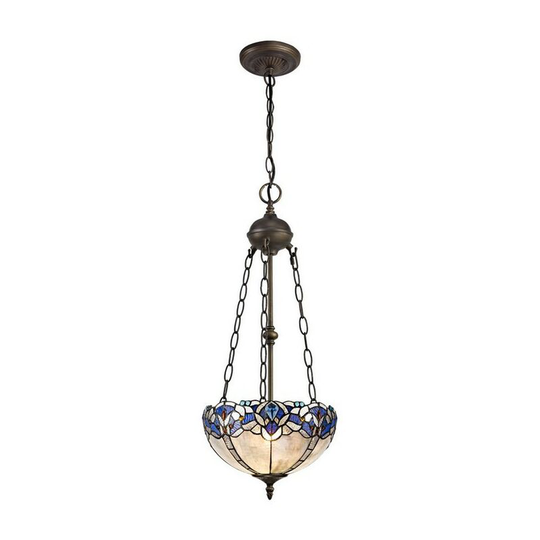 Luminosa Lighting - 2 Light Uplighter Ceiling Pendant E27 With 30cm Tiffany Shade, Blue, Clear Crystal, Aged Antique Brass