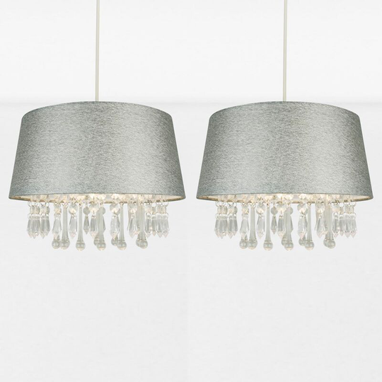 First Choice Lighting - Set of 2 Sparkle Grey Jewelled Easy Fit Light Shades - Sparkle grey faux silk with clear beaded acrylic detail