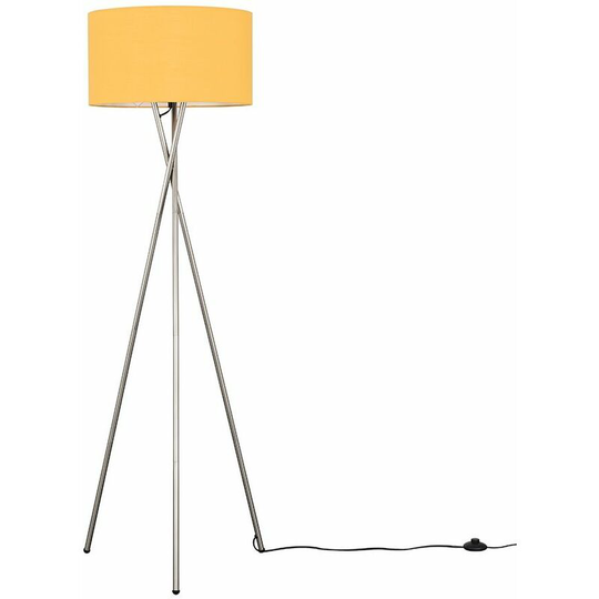 Floor Lamp Tripod Camden Light in Brushed Chrome with Cylinder Lampshade - Mustard
