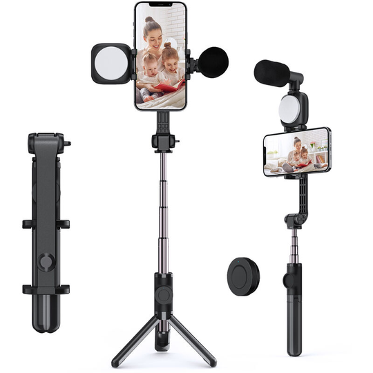 Andoer F3 Smartphone Video Kit Phone Video Rig with Rechargeable led Video Light + Mini Microphone + Stretchable Selfie Stick Tripod