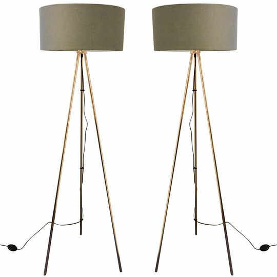 Pair of Copper Tripod Floor Lamps with Grey Fabric Shades - Polished copper plate and grey cotton