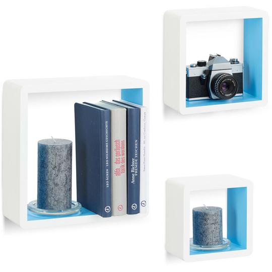 Cube Wall Shelves Set of 3, Square Floating Bookcase, Durable and Decorative, White-Blue - Relaxdays