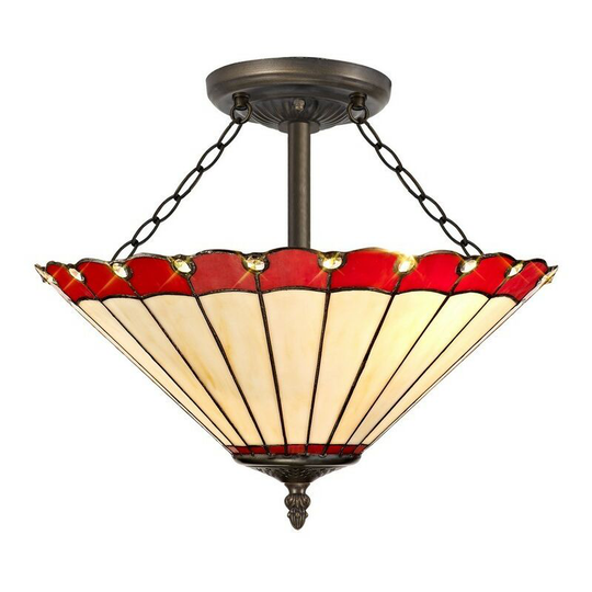3 Light Semi Flush Ceiling E27 With 40cm Tiffany Shade, Red, Crystal, Aged Antique Brass - Luminosa Lighting