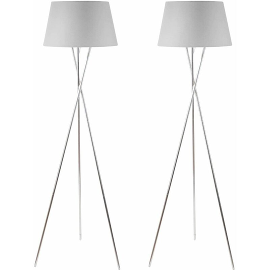 Pair Chrome Twist Tripod Floor Lamp with Grey Fabric Shade - Polished chrome plate and grey cotton