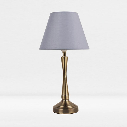 Antique Brass Plated Bedside Table Light with Curved Column Grey Fabric Shade - Antique brass plate and textured grey cotton