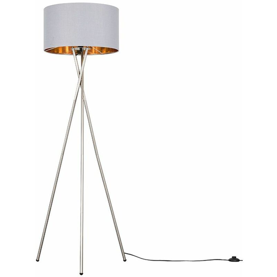 Floor Lamp Tripod Camden Light in Brushed Chrome with Cylinder Lampshade - Grey & Gold + led Bulb