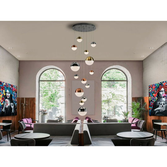 Schuller Lighting - Schuller Sphere - Dimmable 14 Light Integrated led Light Pendant Light Cluster Drop, Copper, Satin Brass, Chrome, Bluetooth