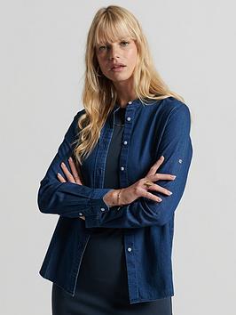 Superdry Studios Chambray Grandad Shirt - Blue, Blue, Size 8, Women