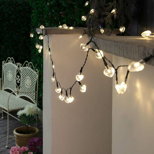 10m Solar Power White Heart led Fairy String Lights | Outdoor Garden - Warm White
