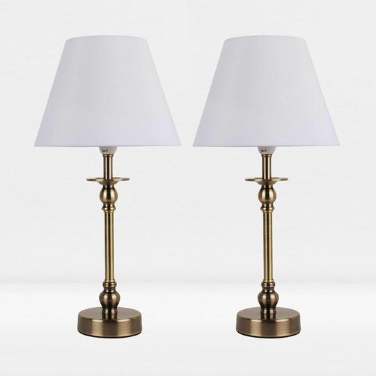 Set of 2 Antique Brass Plate Bedside Table Light with Detailed Column White Fabric Shade - Antique brass plate and textured white cotton