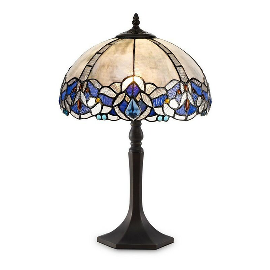 Luminosa Lighting - 1 Light Octagonal Table Lamp E27 With 30cm Tiffany Shade, Blue, Clear Crystal, Aged Antique Brass