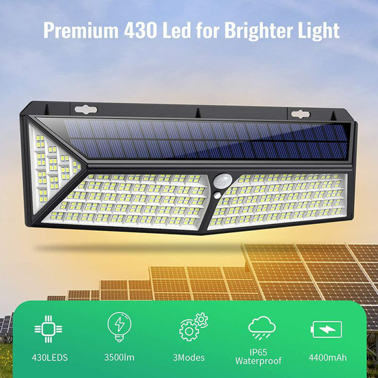 Aougo - 430 led Solar Light Outdoor【Powerful Lighting - 3500LM - 270° Angle】Motion Sensor Outdoor Solar Light Wireless Spotlight Waterproof Security