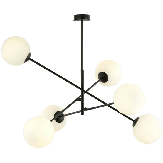 Emibig Lighting - Emibig Linear Black Multi Arm Pendant Ceiling Light with White Glass Shades, 6x E14