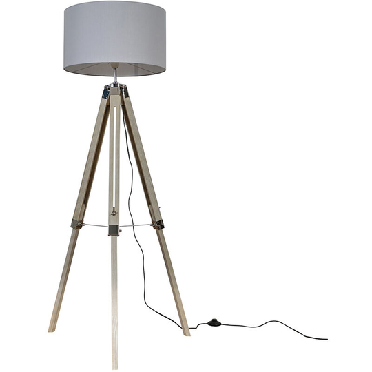 Tripod Floor Lamp Clipper in Light Wood with Cylinder Shade - Cool Grey + led Bulb
